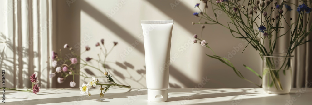 Blank White Cream Tube on Light Surface with Flowers Blank White Cream Tube on Light Surface with Flowers