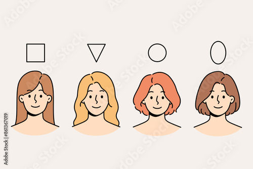 Women with various face shapes smile standing near shapes of triangle and square and circle with oval. Variants of structure of face and head of girls who need different cosmetology techniques