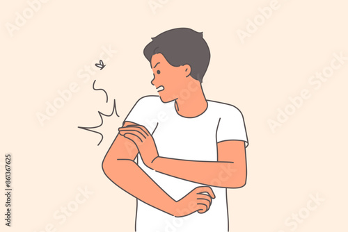 Mosquito bites man hand and causes itching or infects him with malaria through blood