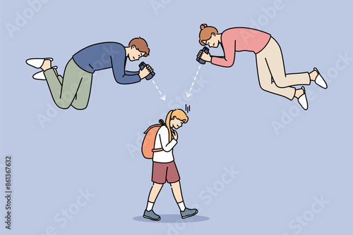 Overprotection of teen girl from annoying parents watching child through binoculars. Schoolgirl walks down street suffering from overprotection of mother and father, who are causing depression.