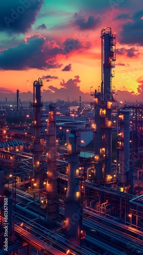 Wallpaper Mural Towering Oil Refinery at Sunset with Vibrant Cityscape and Pipelines Torontodigital.ca
