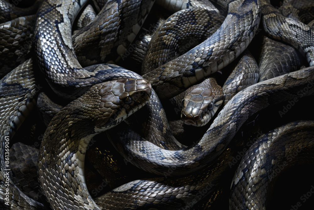 Close Up of Intertwined Snakes Displaying Intricate Body Patterns Close Up of Intertwined Snakes Displaying Intricate Body Patterns