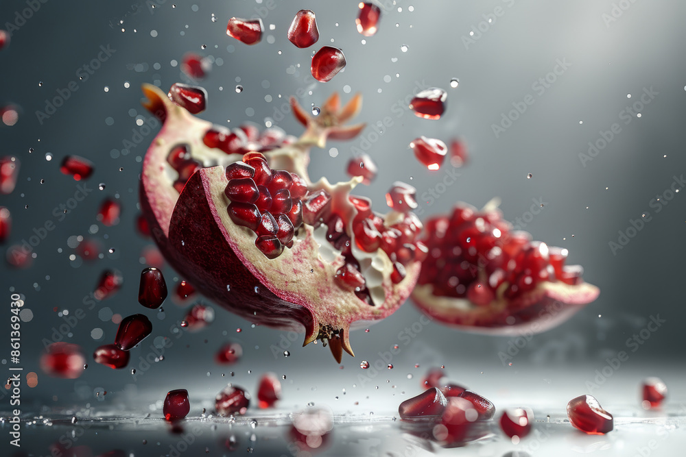 Dynamic Close Up of Pomegranate Explosion with Seeds in Mid Air Dynamic Close Up of Pomegranate Explosion with Seeds in Mid Air