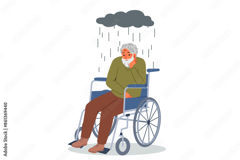 Elderly man in wheelchair suffers from loneliness and lack of access to walks, sitting under rain cloud. Human in wheelchair needs psychological support and treatment after developing leg problems Elderly man in wheelchair suffers from loneliness and lack of access to walks, sitting under rain cloud. Human in wheelchair needs psychological support and treatment after developing leg problems