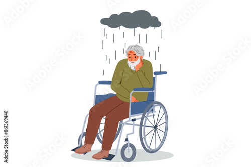 Elderly man in wheelchair suffers from loneliness and lack of access to walks, sitting under rain cloud. Human in wheelchair needs psychological support and treatment after developing leg problems