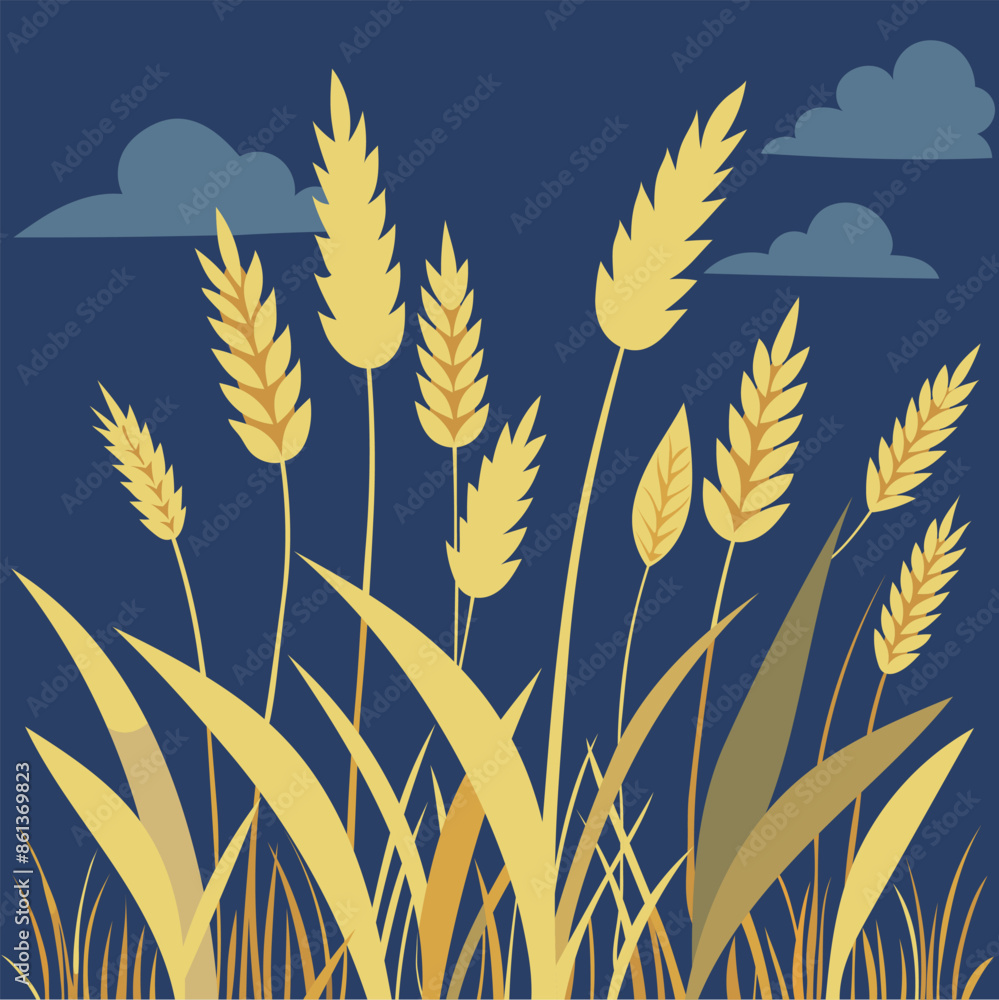 Hand drawn golden ears of grain and tall grass on a blue background. Simple illustration in cartoon style for web graphic design and animation. Background for summer design Hand drawn golden ears of grain and tall grass on a blue background. Simple illustration in cartoon style for web graphic design and animation. Background for summer design