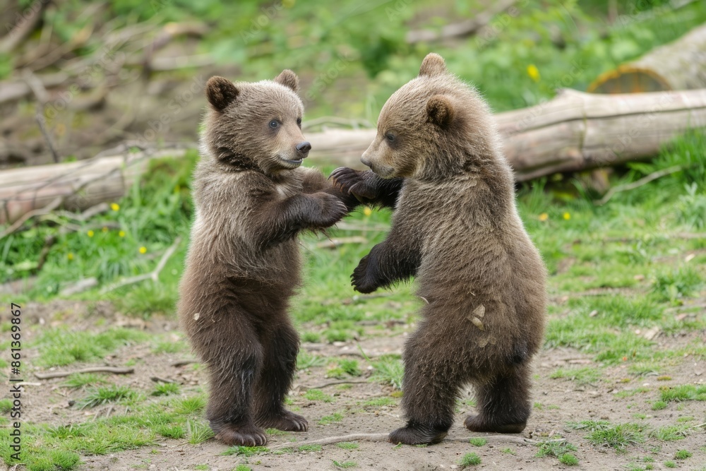 Fototapeta premium Two brown bear cubs standing upright play fighting