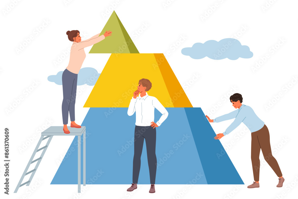 Teamwork of business people to build sustainable corporation capable of withstanding during crisis. Business concept of friendly jobs of men and women developing promising project together