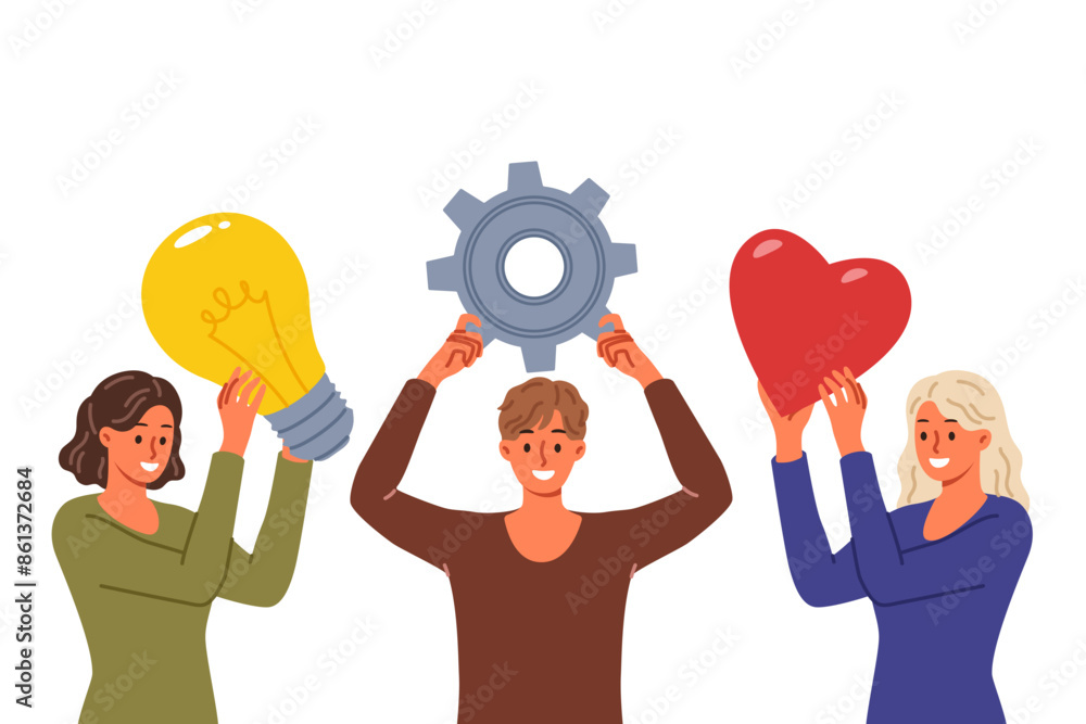 Team of people brainstorming together in search of idea, holding icons with light bulb and gear or heart. Happy team discussing marketing plan and smm strategy for promotion on social networks Team of people brainstorming together in search of idea, holding icons with light bulb and gear or heart. Happy team discussing marketing plan and smm strategy for promotion on social networks