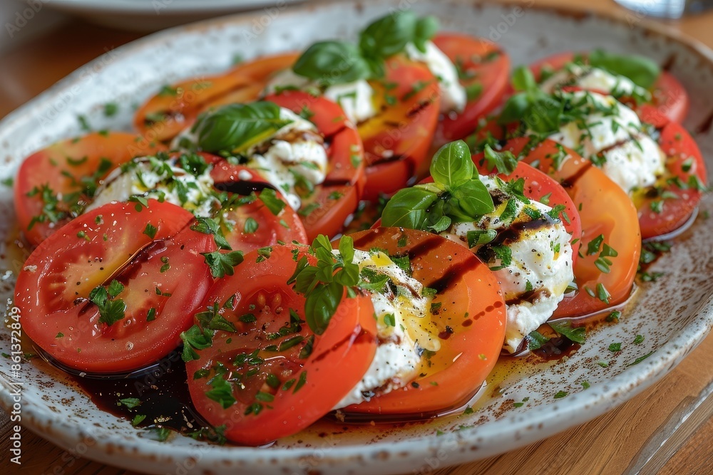 A delicate salad of fresh heirloom tomatoes, burrata cheese, and a drizzle of aged balsamic vinegar. A delicate salad of fresh heirloom tomatoes, burrata cheese, and a drizzle of aged balsamic vinegar.