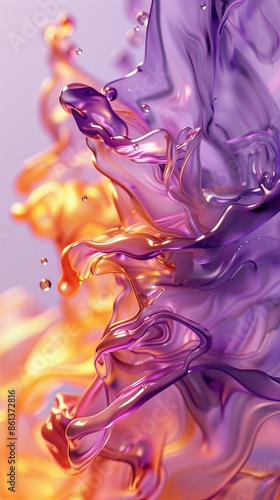 Abstract fluid shapes in vibrant purple and yellow colors, dynamic 3D rendering