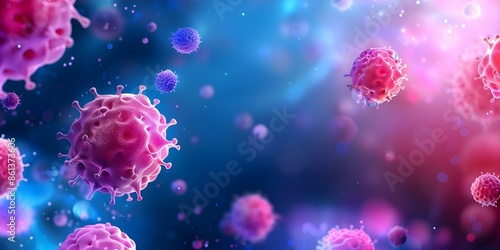 Abstract immunotherapy background showing immune cells attacking cancer cells in biotechnology. Concept Immunotherapy, Biotechnology, Cancer Treatment, Immune Cells, Abstract Background
