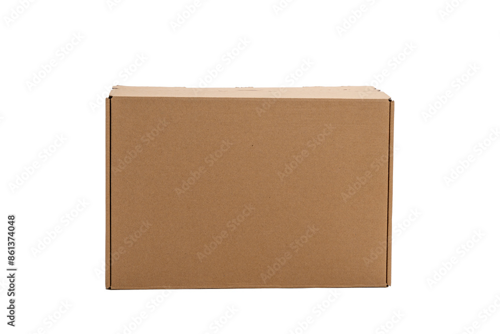 A cardboard box is sitting on a white background. The box is brown and has a rectangular shape A cardboard box is sitting on a white background. The box is brown and has a rectangular shape