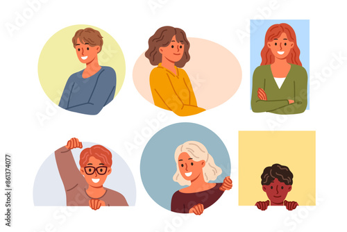 Happy people smile looking out from multi-colored geometric shapes, radiating positive mood and joyful emotions. Cheerful people of different races and ages look at screen with curiosity