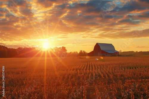 A picturesque sunset illuminates a farm scene with rolling fields and a farmhouse silhouette. Perfect for agritourism and farm product promotions. Generative AI photo