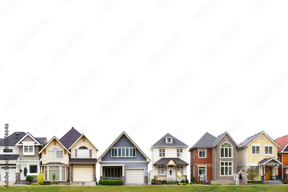 Row of detailed miniature model houses. Suburban neighborhood isolated on white background