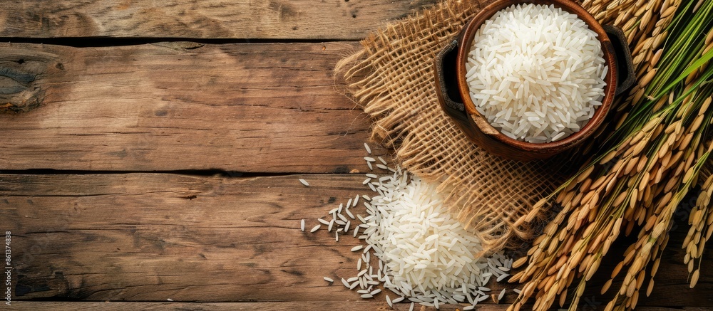 On a wooden backdrop, showcase organic paddy seeds and fragrant jasmine rice alongside a gleaming ear of rice, providing a healthy food option in a copy space image. On a wooden backdrop, showcase organic paddy seeds and fragrant jasmine rice alongside a gleaming ear of rice, providing a healthy food option in a copy space image.