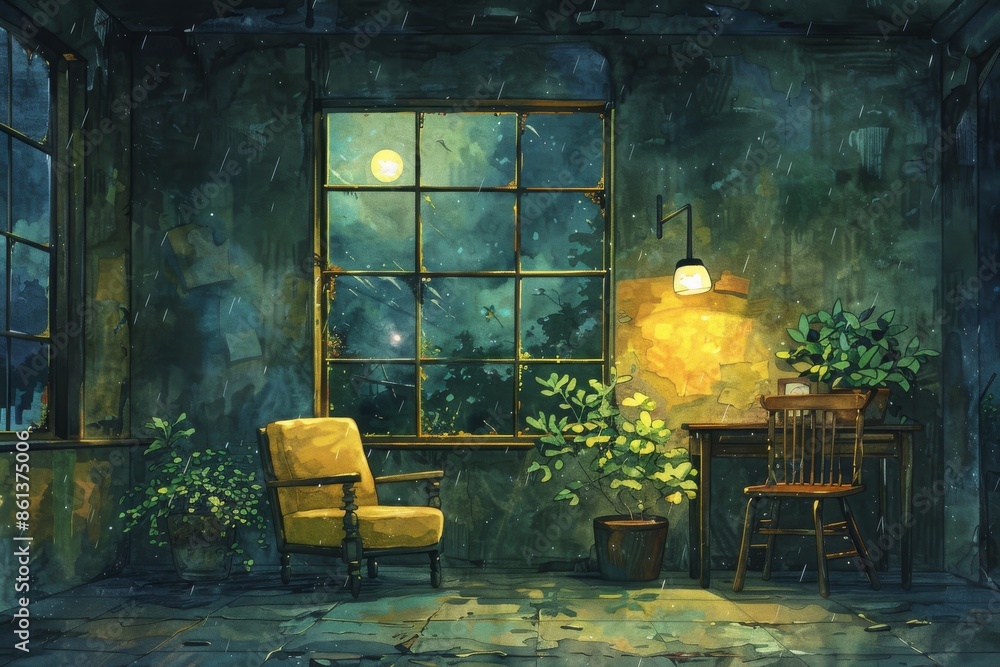 Obraz premium Rainy evening in a cozy reading nook with a vibrant yellow chair and lush greenery, evoking warmth and comfort, Concept of peaceful solitude and comfort amidst nature.