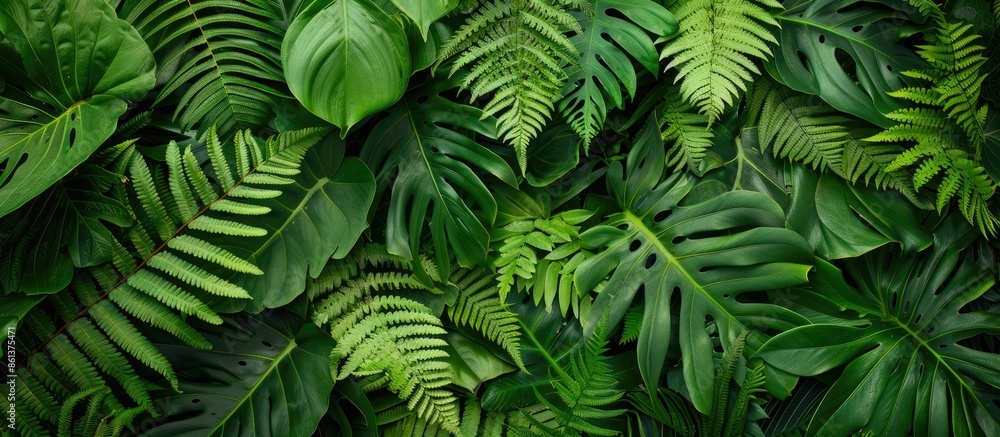 Detailed close-up image of lush rainforest ferns, providing a rich backdrop with dark green leaves and a variety of vibrant shades, perfect for copy space image. Detailed close-up image of lush rainforest ferns, providing a rich backdrop with dark green leaves and a variety of vibrant shades, perfect for copy space image.