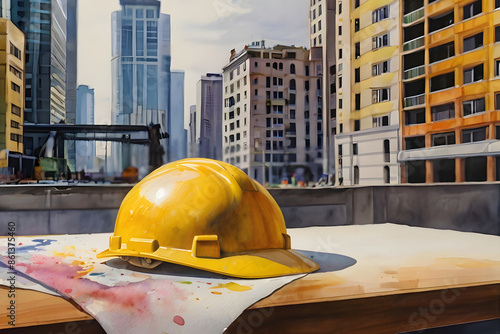 Watercolor painting of helmet on table Labor Day  work background Ai generated. photo