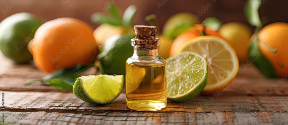 Citrus fruits and lime essential oil displayed tastefully on a wooden table with copy space image. Citrus fruits and lime essential oil displayed tastefully on a wooden table with copy space image.
