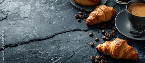 Croissants and coffee displayed elegantly on a textured stone table with ample copy space image. photo