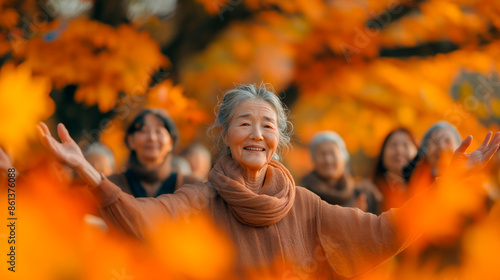 Older Asian woman practicing tai chi, meditation and praying in the park.