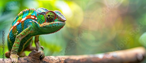 Chameleon reptile crawling on a branch with copy space image. photo