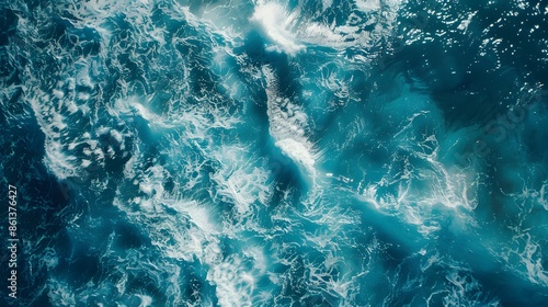 An aerial perspective capturing the dynamic and turbulent ocean waves, showcasing their powerful motion and vibrant blue hues. © maikuto