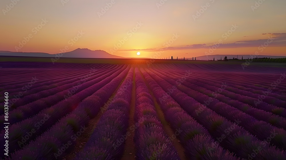 A vibrant sunset over endless lavender fields, creating a picturesque scene with rich colors and serene beauty. A vibrant sunset over endless lavender fields, creating a picturesque scene with rich colors and serene beauty.