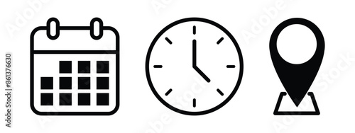 date, time, address location icon set. calendar, clock and map symbol for event, meeting, wedding, schedule, invitation card design element. transparent vector illustration.