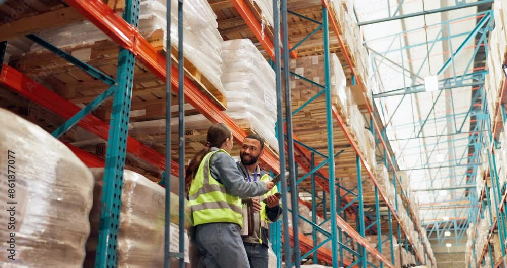 Inventory, phone and storage with people in warehouse together for collaboration, communication or planning. Logistics, shipping or supply chain with man and woman courier checking online stock Inventory, phone and storage with people in warehouse together for collaboration, communication or planning. Logistics, shipping or supply chain with man and woman courier checking online stock