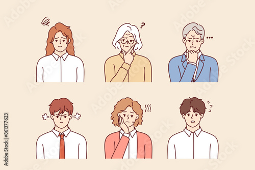 Thoughtful business people of different ages are thinking about plan to get out of difficult situation. Thoughtful men and women entrepreneurs are worried on news on crisis and stock market crash