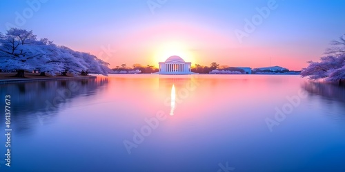 Cherry blossoms bloom at Jefferson Memorial by lake at sunrise in DC. Concept Outdoor Photoshoot, Nature Photography, Cherry Blossoms, Jefferson Memorial, Washington DC photo