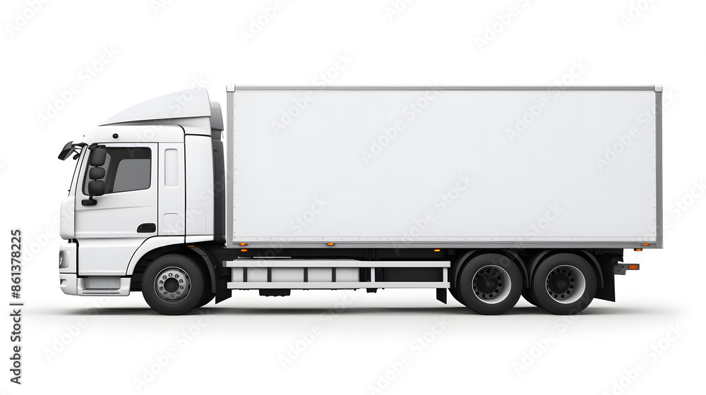 Side view of white delivery truck isolated on white background The truck has large cargo area, suitable for transporting goods and materials Ideal for logistics, transportation, delivery services Side view of white delivery truck isolated on white background The truck has large cargo area, suitable for transporting goods and materials Ideal for logistics, transportation, delivery services