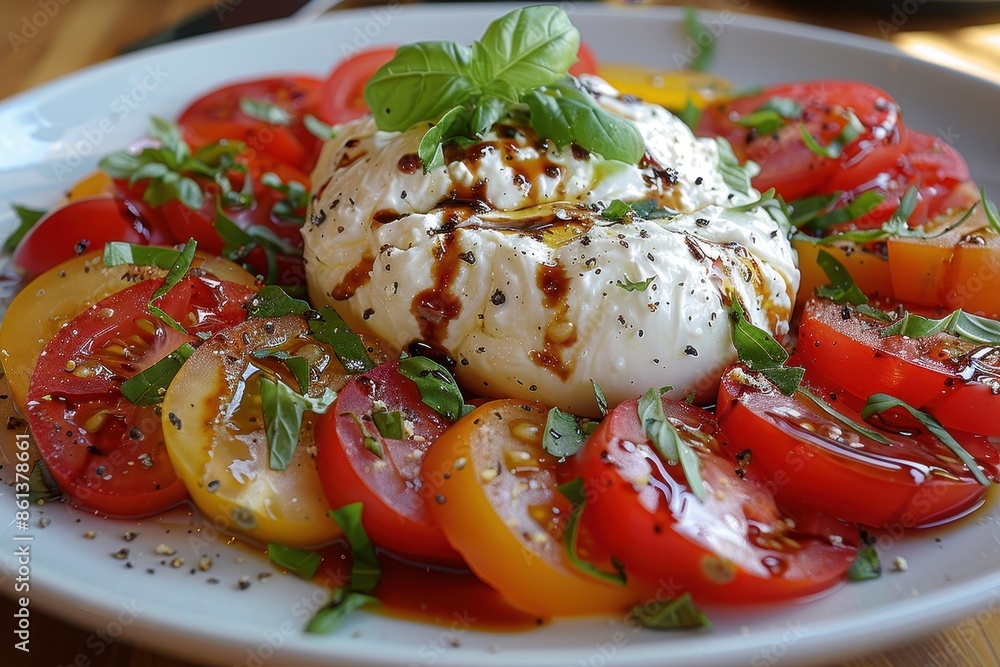 A delicate salad of fresh heirloom tomatoes, burrata cheese, and a drizzle of aged balsamic vinegar. A delicate salad of fresh heirloom tomatoes, burrata cheese, and a drizzle of aged balsamic vinegar.