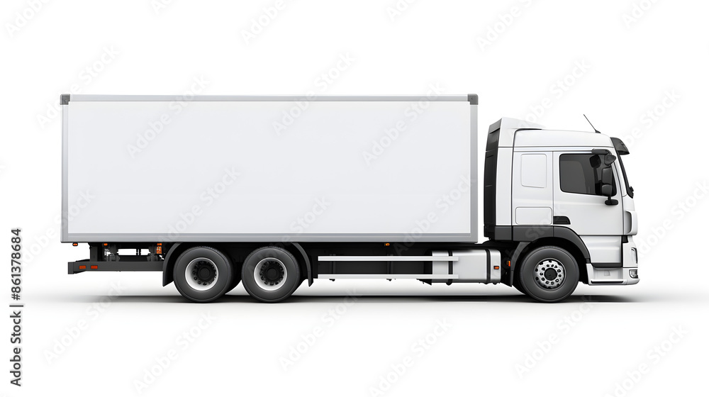 Side view of white delivery truck isolated on white background The truck has large cargo area, suitable for transporting goods and materials Ideal for logistics, transportation, delivery services Side view of white delivery truck isolated on white background The truck has large cargo area, suitable for transporting goods and materials Ideal for logistics, transportation, delivery services