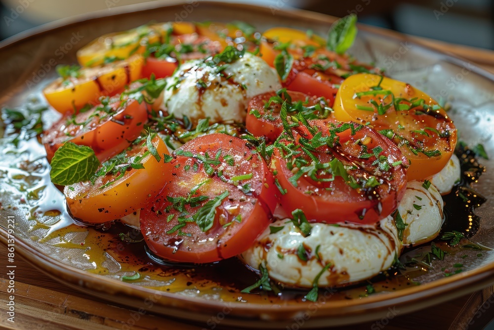 A delicate salad of fresh heirloom tomatoes, burrata cheese, and a drizzle of aged balsamic vinegar. A delicate salad of fresh heirloom tomatoes, burrata cheese, and a drizzle of aged balsamic vinegar.