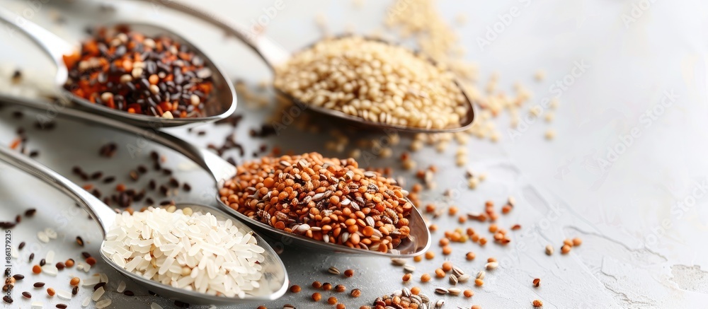 Healthy multigrain option for soups, consisting of long grain rice, wholegrain red rice, and buckwheat, portioned in a scoop with a copy space image. Healthy multigrain option for soups, consisting of long grain rice, wholegrain red rice, and buckwheat, portioned in a scoop with a copy space image.