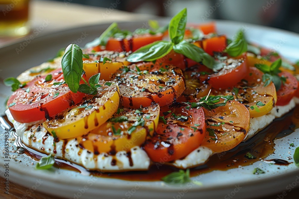A delicate salad of fresh heirloom tomatoes, burrata cheese, and a drizzle of aged balsamic vinegar. A delicate salad of fresh heirloom tomatoes, burrata cheese, and a drizzle of aged balsamic vinegar.