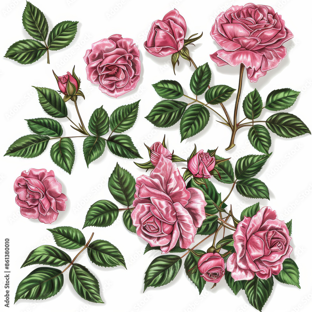 A large set of watercolor botanical illustrations isolated on a white background. Hand-painted pink flowers and green leaves. A large set of watercolor botanical illustrations isolated on a white background. Hand-painted pink flowers and green leaves.
