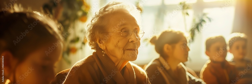 An elderly woman is paying close attention, sitting in a sunny room surrounded by younger people. The image represents wisdom, stories, and connection across ages. An elderly woman is paying close attention, sitting in a sunny room surrounded by younger people. The image represents wisdom, stories, and connection across ages.