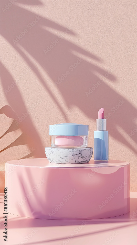 Elegant Pastel Podium With Cosmetic Products on Display Elegant Pastel Podium With Cosmetic Products on Display