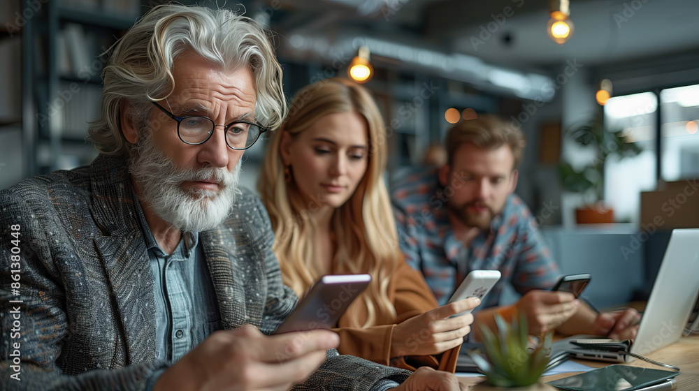 A group of colleagues, including a distinguished older man with a white beard and glasses, and two younger professionals, are focused on their smartphones in a modern office setting A group of colleagues, including a distinguished older man with a white beard and glasses, and two younger professionals, are focused on their smartphones in a modern office setting