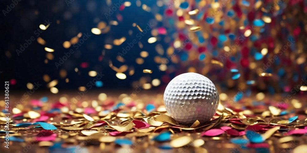 Fototapeta premium golf ball amid falling confetti, an indoor celebration scene, symbolizing victory, competition, or success