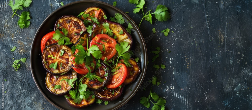 Top view of a Mediterranean-inspired salad featuring roasted eggplant, sweet tomato, and fresh cilantro on a dark background. Displays vegetarian food concept with copy space image. Top view of a Mediterranean-inspired salad featuring roasted eggplant, sweet tomato, and fresh cilantro on a dark background. Displays vegetarian food concept with copy space image.