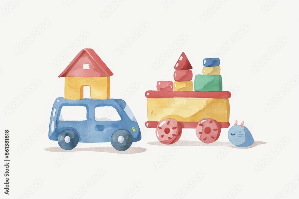 Naklejka premium Colorful watercolor illustration of toy car, train, and house blocks. Perfect for children's themes and playful designs.