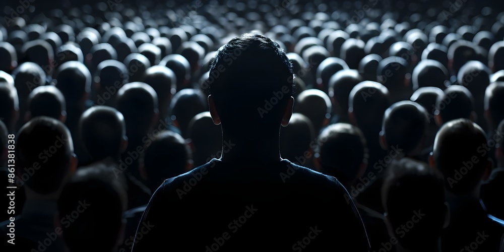 Fototapeta premium Dark silhouette manipulates crowd illustrating psychological impact of mass control. Concept Manipulation, Dark Silhouette, Crowd Control, Psychological Impact, Mass Manipulation