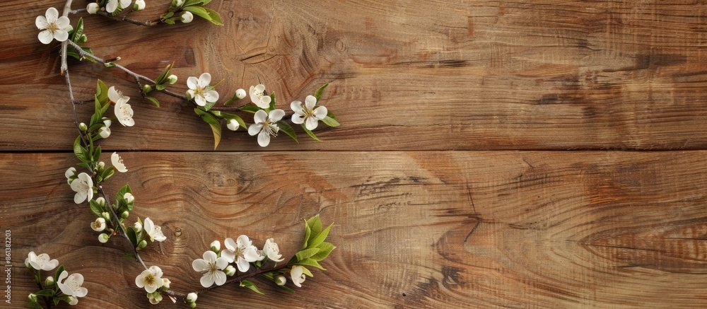 Apricot tree branch in bloom against a wooden backdrop with a clear copy space image. Apricot tree branch in bloom against a wooden backdrop with a clear copy space image.