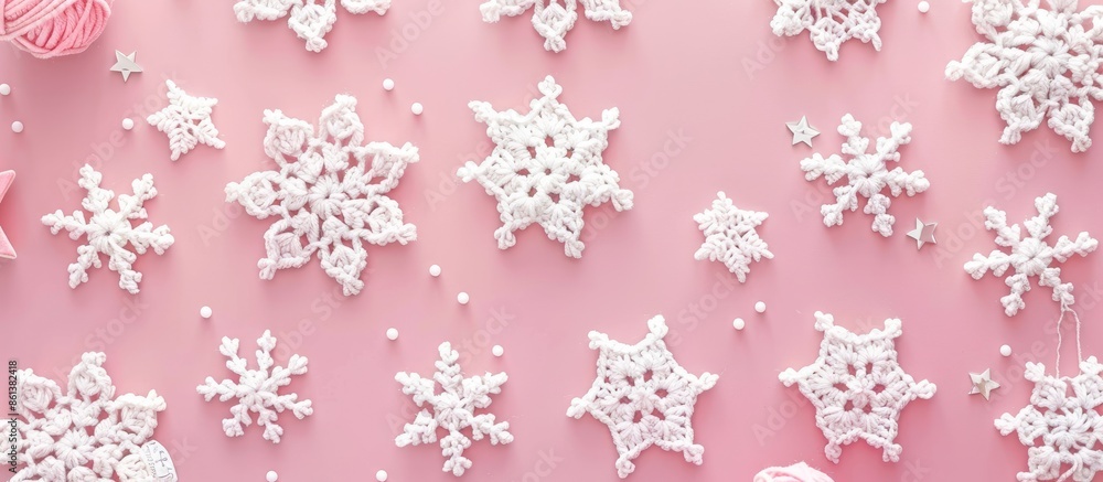 Crocheted white snowflakes and stars arranged on a pink background in a Christmas-themed composition with a top-down view, flat lay presentation, and space for inserting images Crocheted white snowflakes and stars arranged on a pink background in a Christmas-themed composition with a top-down view, flat lay presentation, and space for inserting images